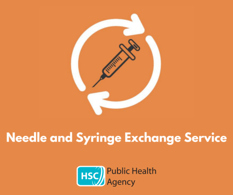 Graphic shows orange background with with circular motif and needle in middle with text needle and syringe exhange service. PHA logo
