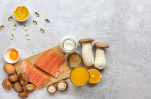 Image of salmon, cheese, mushrooms, eggs, vitamin D supplements