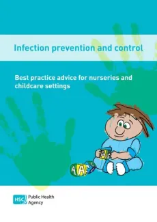 Image of front cover showing cartoon of toddler playing and painted handprints